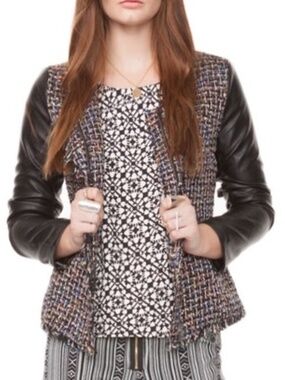 BCBG Max Azria Multicolor Cropped Leather Tweed Jacket - Size Medium